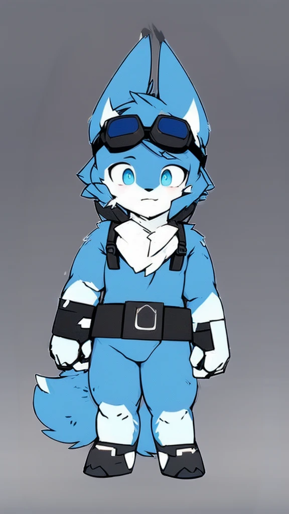 "A solitary wolf with blue fur and a white tail, standing in a surreal landscape of imprressionist style, illuminated by soft natural lighting. The wolf has a fur pattern resembling the clouds and is wearing ski goggles on its head. Its eyes are blue. Its fur is extremely detailed. The atmosphere of the image is enhanced by a hazy blue color scheme."