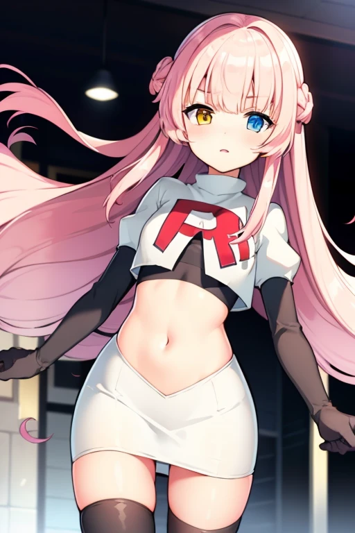 masterpiece, best quality, Eksistere Kyrenia (girl cafe gun),pink hair, long hair, (yellow blue heterochromia:1.1), 1girl, solo, team rocket,team rocket uniform, red letter R, white skirt,white crop top,black thigh-highs,black elbow gloves,