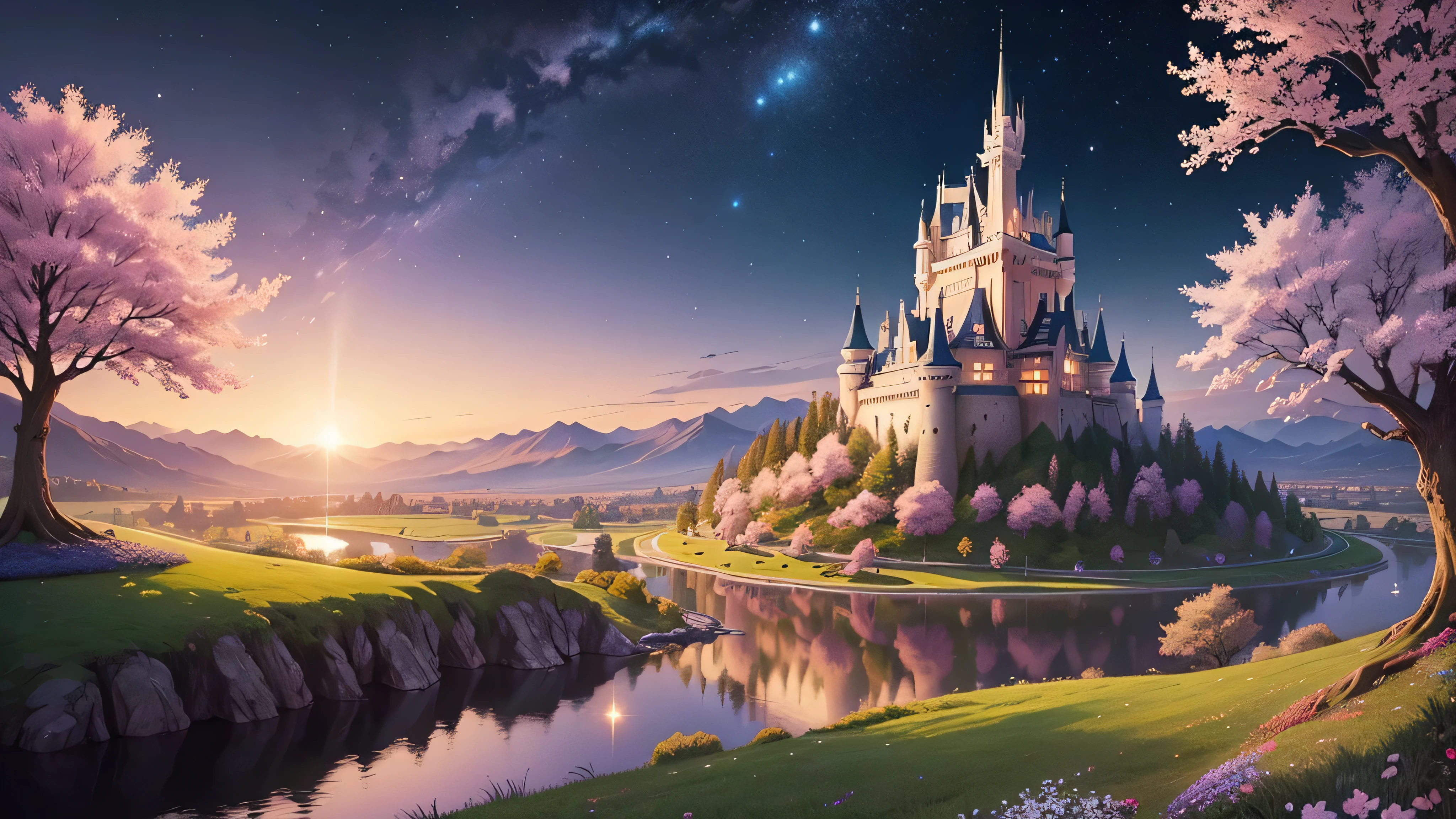 landscape images、View from a hill、Western-style castle、Cherry blossoms in front。Magical Night, Disney-style illustration, magical lullaby, dreamy atmosphere, starry sky,,bedtime fairy tales, Animated backgrounds, night adventure, Sweet dreams, quirky fantasy, musical night scene, sleepy time, fairy tale atmosphere, animation for kids