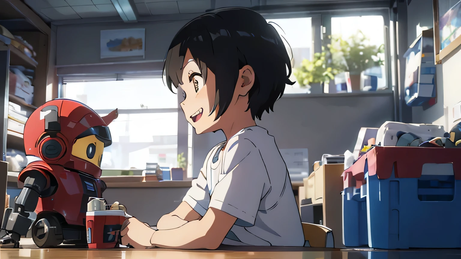 Profile of a 3-year-old boy looking closely at a robot toy and laughing、don't cut your head