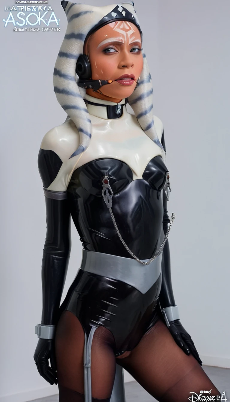 A beautiful sexy , ahsoka,  skin tight latex, dressed as latex imperial officer,  (detailed realistic,4k,highres,masterpiece:1.2), 