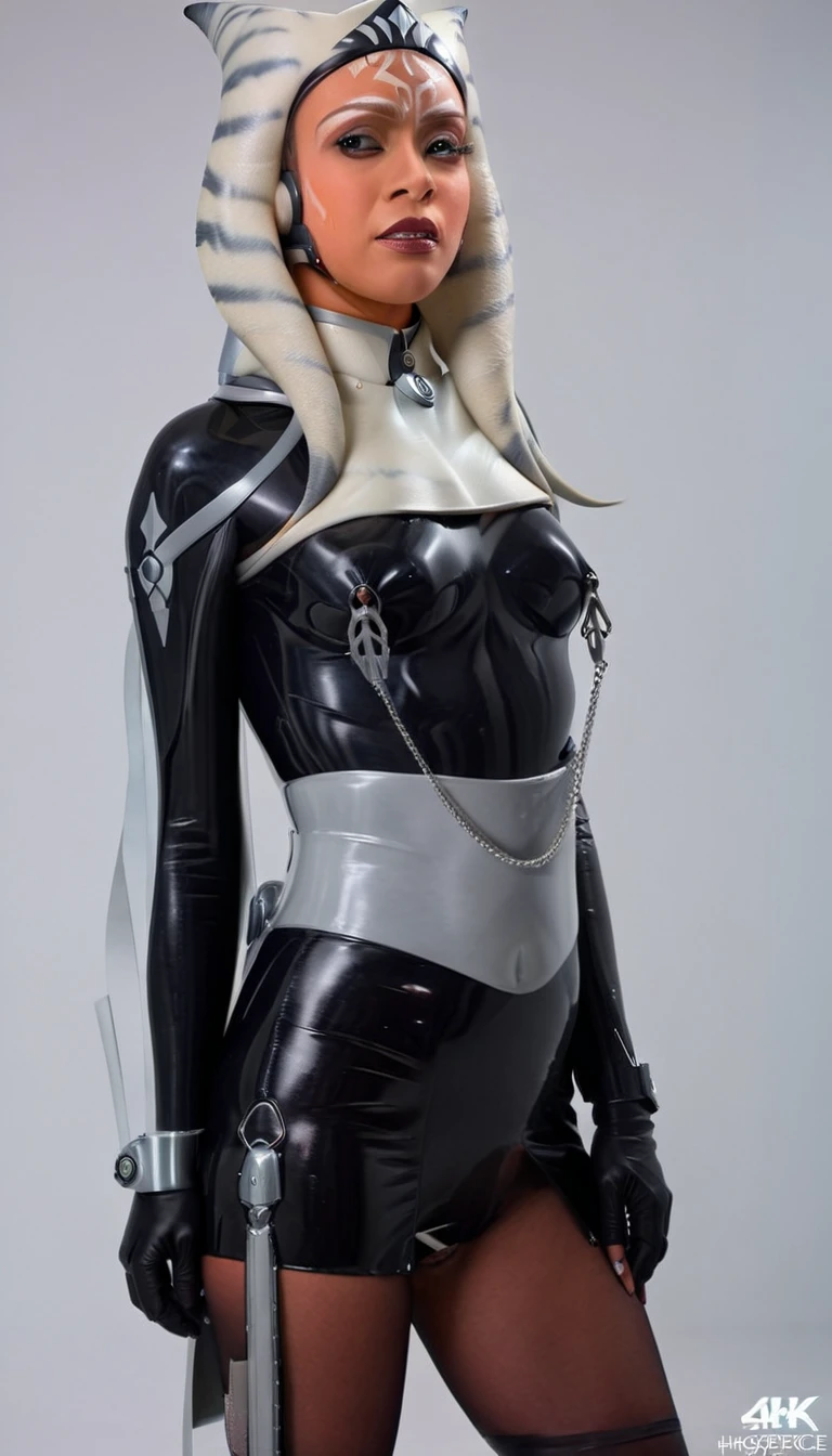 A beautiful sexy , ahsoka,  skin tight latex, dressed as latex imperial officer,  (detailed realistic,4k,highres,masterpiece:1.2), 