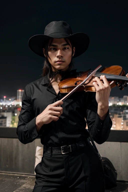 silueta de un hombre animado estilo manga japones alto y musculoso con un traje negro que los resalte camiseta negra con un pantalon negro elegante, with a violin resting in his left hand, que no se vea su rostro que este oculto bajo un sombrero negro, en un angulo en el que este alejado. que este sentado en una banca de un abismo y al fondo se vea una ciudad con miles de puntos que representan las casas, que la noche sea oscura y algo siniestra.