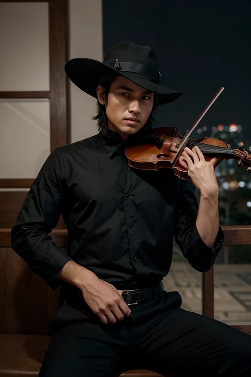 silueta de un hombre animado estilo manga japones alto y musculoso con un traje negro que los resalte camiseta negra con un pantalon negro elegante, with a violin resting in his left hand, que no se vea su rostro que este oculto bajo un sombrero ?????, en un angulo en el que este alejado. que este sentado en una banca de un abismo y al fondo se vea una ciudad con miles de puntos que representan las casas, que la noche sea oscura y algo siniestra.