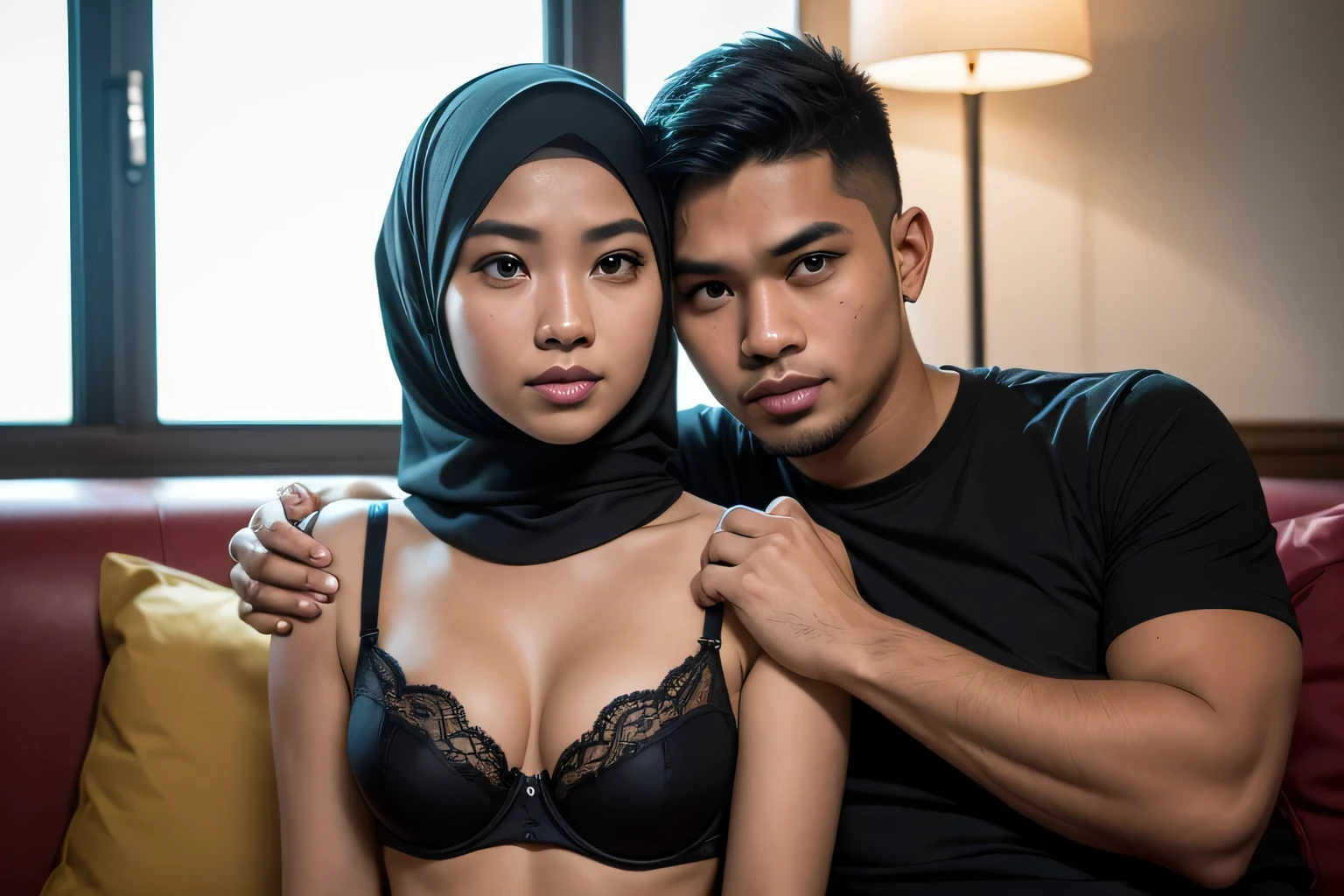 1 matured malay men 30 years old hugging 2 young malay girl in hijab wearing bra, 20 - 23 years old, malay men hand on girl shoulder, nighttime, beautiful girl with beautiful perfect body, location: couch in hotel, professional photography, bright lighting, 28mm lens, Establishing shot, deep focus cinematography effect, Natural Lighting, pastel color grading, high quality, ultra detail, 8k resolution,