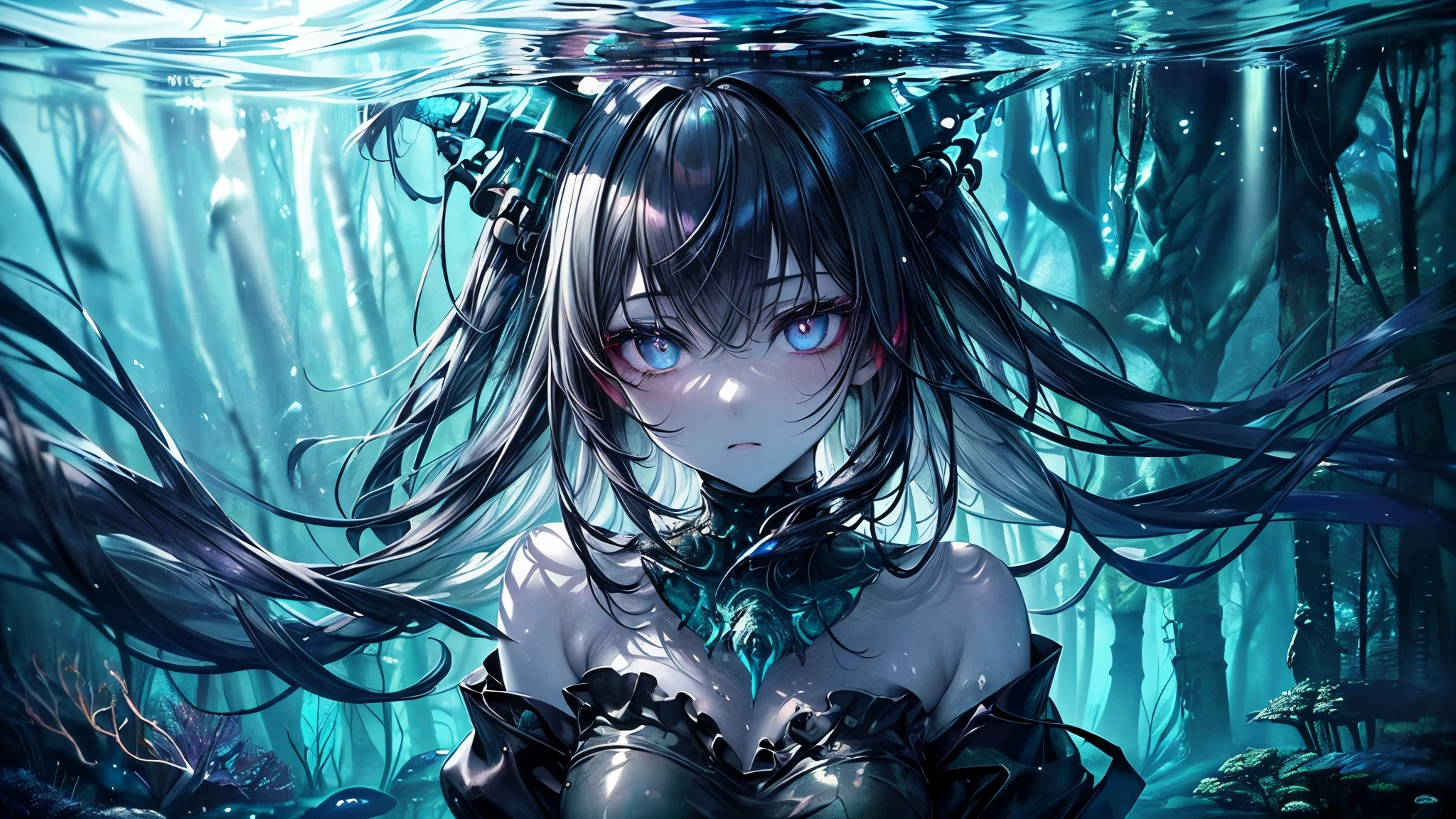 (masterpiece,best quality,ultra-detailed),1girl, black hair,beautiful and detailed face, detailed eyes,looking at viewer, multicolored eyes,((grey theme),pale skin, glowing eyes ,in the sea,((night)),dark ambient,(underwater),(((in a forest underwater))),jellyfish