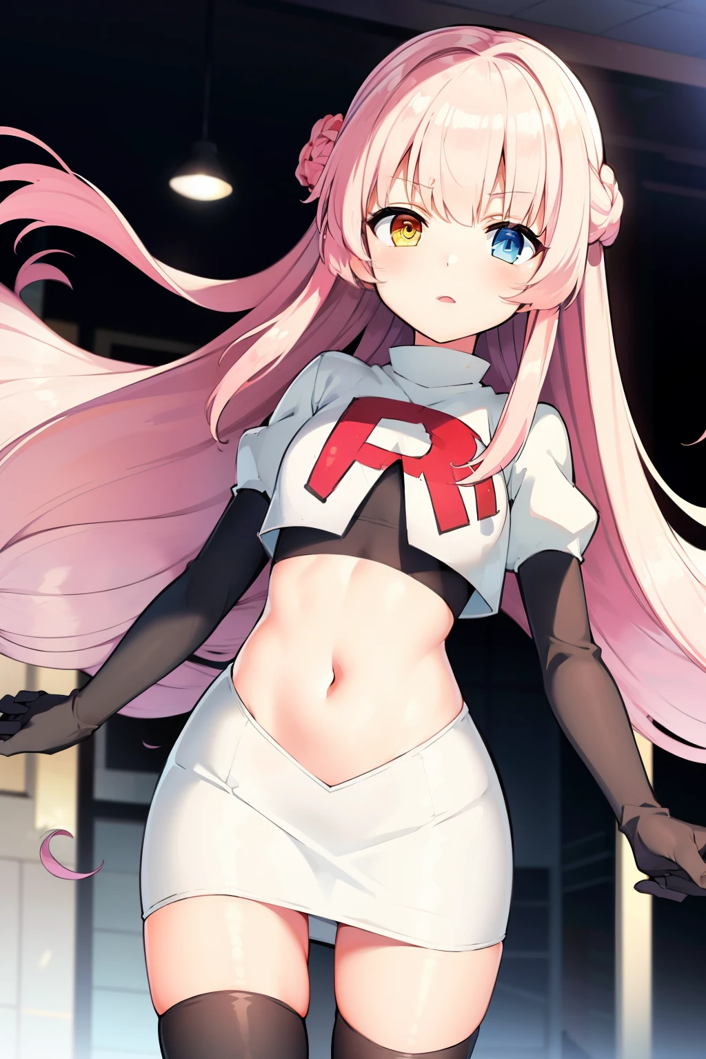 masterpiece, best quality, Eksistere Kyrenia (girl cafe gun),pink hair, long hair, (yellow blue heterochromia:1.1), 1girl, solo, team rocket,team rocket uniform, red letter R, white skirt,white crop top,black thigh-highs,black elbow gloves,