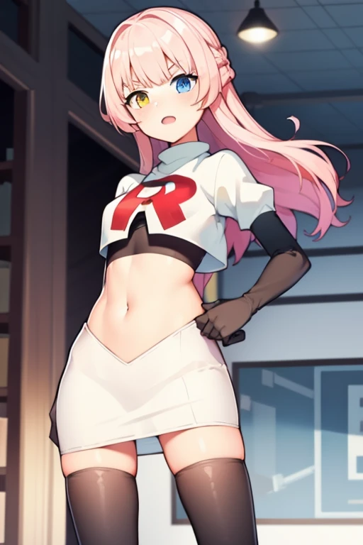 masterpiece, best quality, Eksistere Kyrenia (girl cafe gun),pink hair, long hair, (yellow blue heterochromia:1.1), 1girl, solo, team rocket,team rocket uniform, red letter R, white skirt,white crop top,black thigh-highs,black elbow gloves,