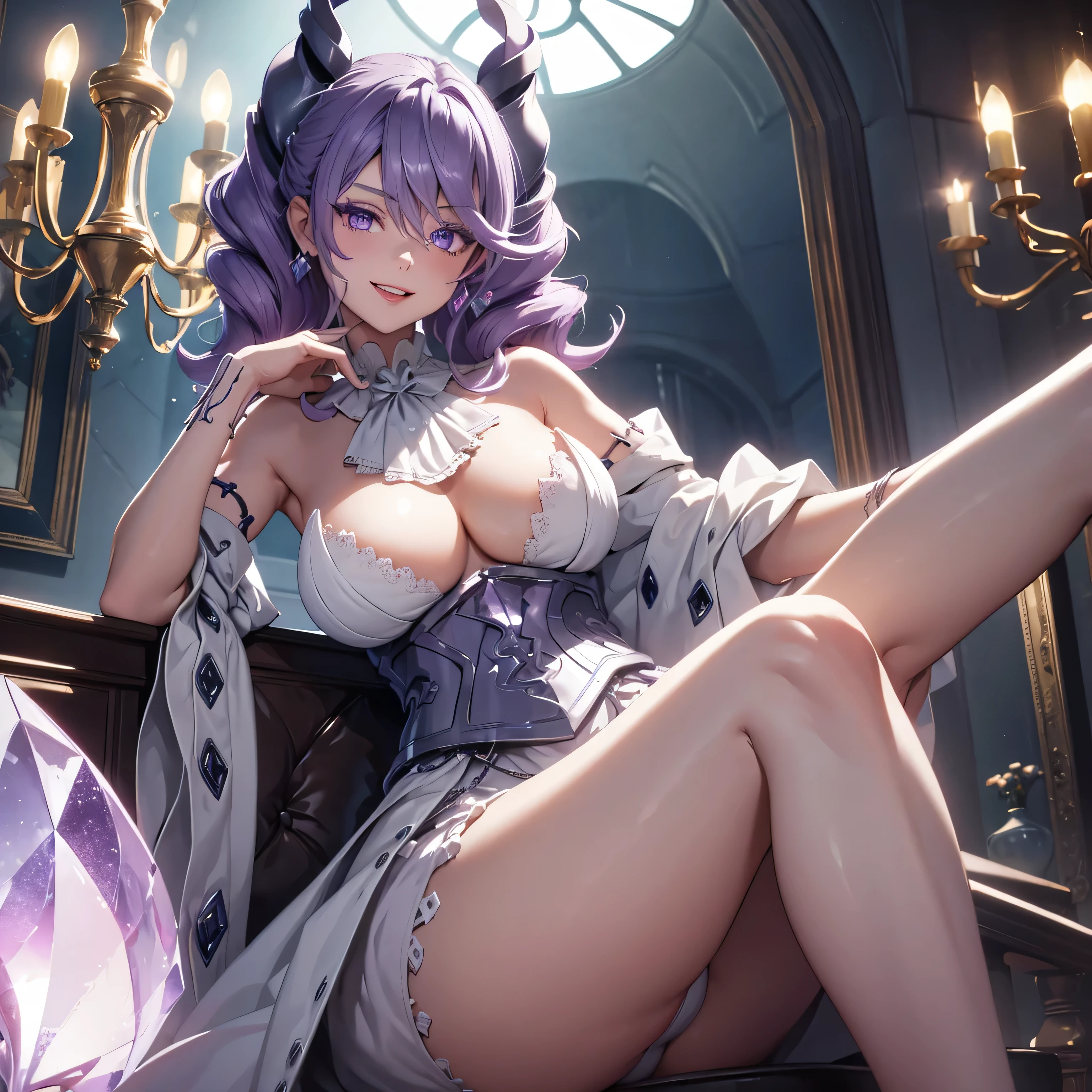 ((masterpiece)),(best quality), ((extremely detailed CG unity 4k wallpaper)),(cinematic lighting), (an extremely delicate and beautiful girl:1.3),face, fixed eye, (++purple hair++), purple eyes, long hair, jewelry,earrings, :d, maid, labrynth,
Large breast ,(Crystal chandelier), horn ,indoor ,hand over lab,  sitting , crossed leg in detailed, all body , foot exposed , 