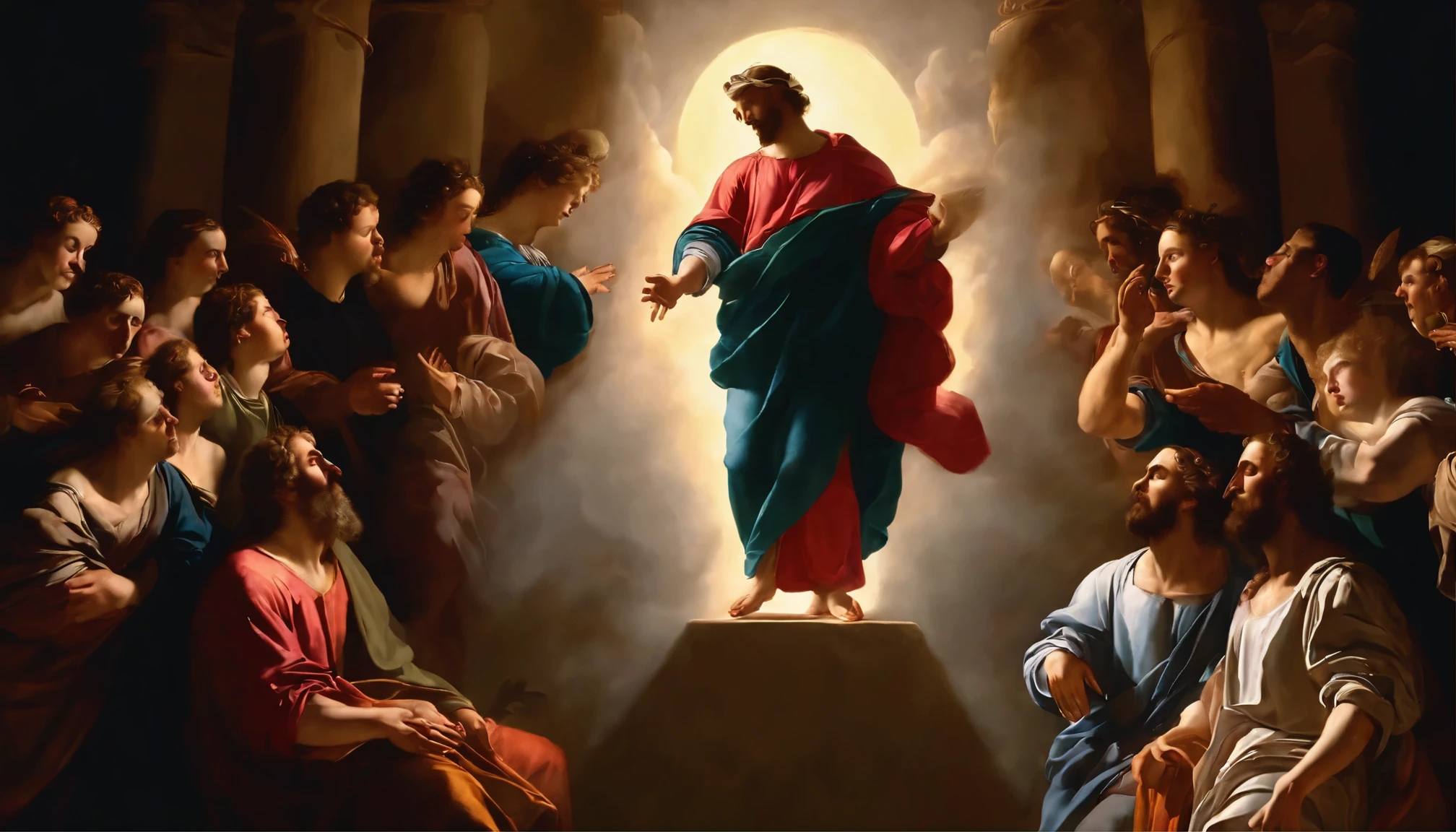 God descends from the sky, A breathtaking masterpiece, Bright colors, caravaggio, 8k