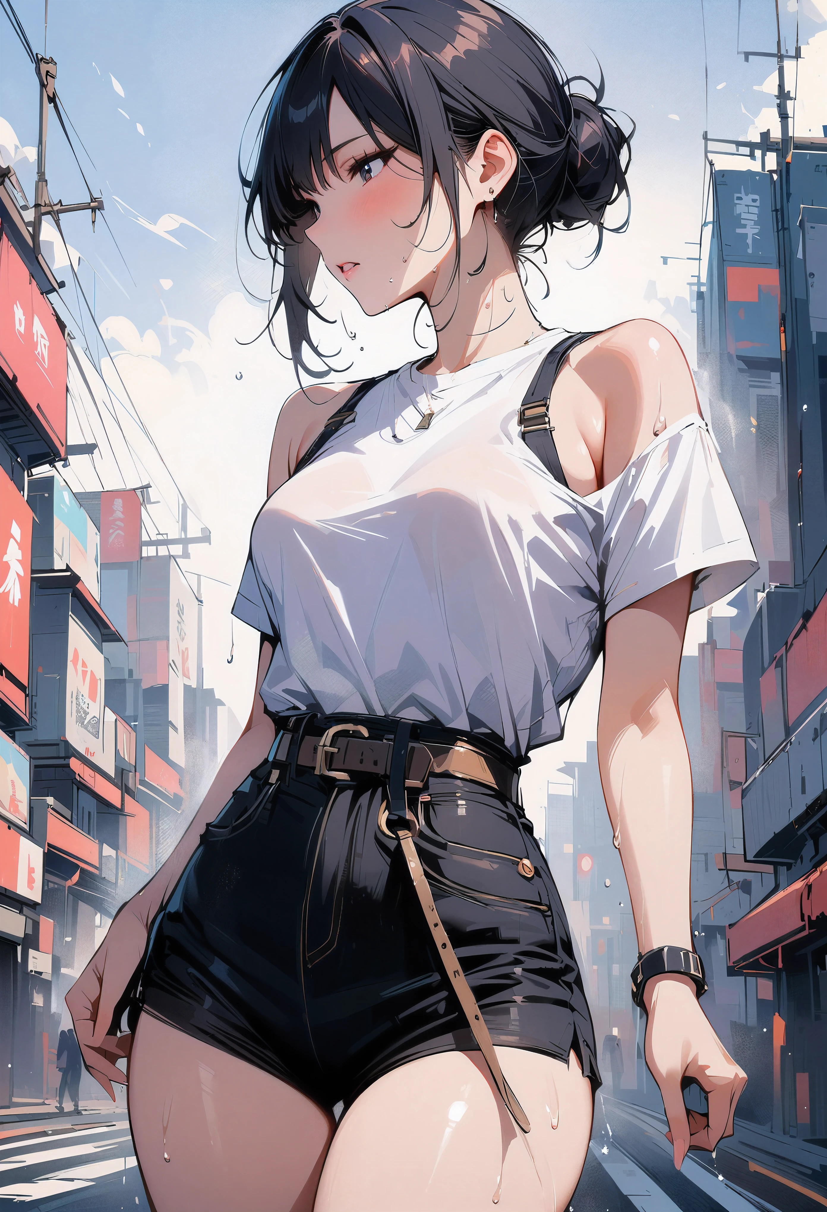 (masterpiece, best quality:1.2), 1 girl, alone , sexy , (cut-off_jean), white top ,cowboy shot, black hair ,hair bun, (Sweat),  (tokyo_background) , outdoor