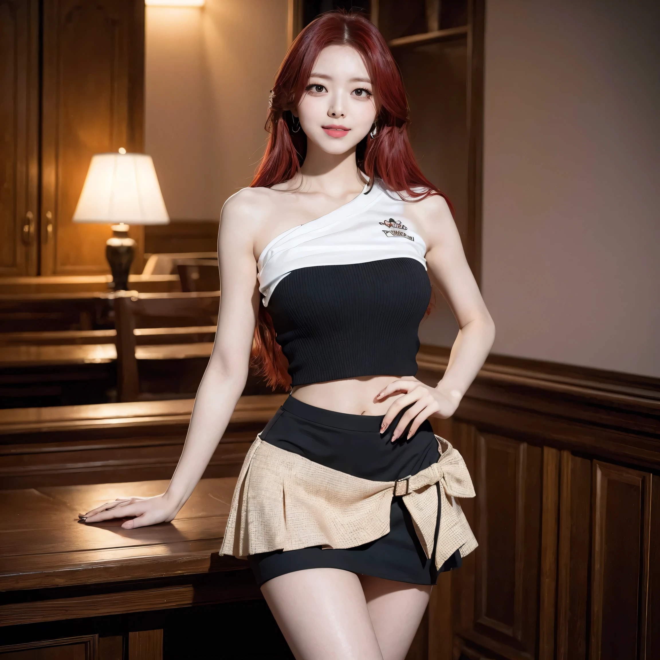 ITZY Yuna, 1girl, solo, long_hair, red hair, looking_at_viewer, smile, teeth, realistic, Beautiful slender waist, wide hips, very slender legs, visible tits, large breasts, visible pussy, Naked, Secretary's uniform, half skirt, stockings, looking at viewer, photograph, photorealistic, beautiful and aesthetic, extremely detailed skin, extremely detailed hair, shadows, masterpiece, top quality, best quality, highres, ultra-high res, ultra-detailed, detailed lighting, high key lighting, vignetting,