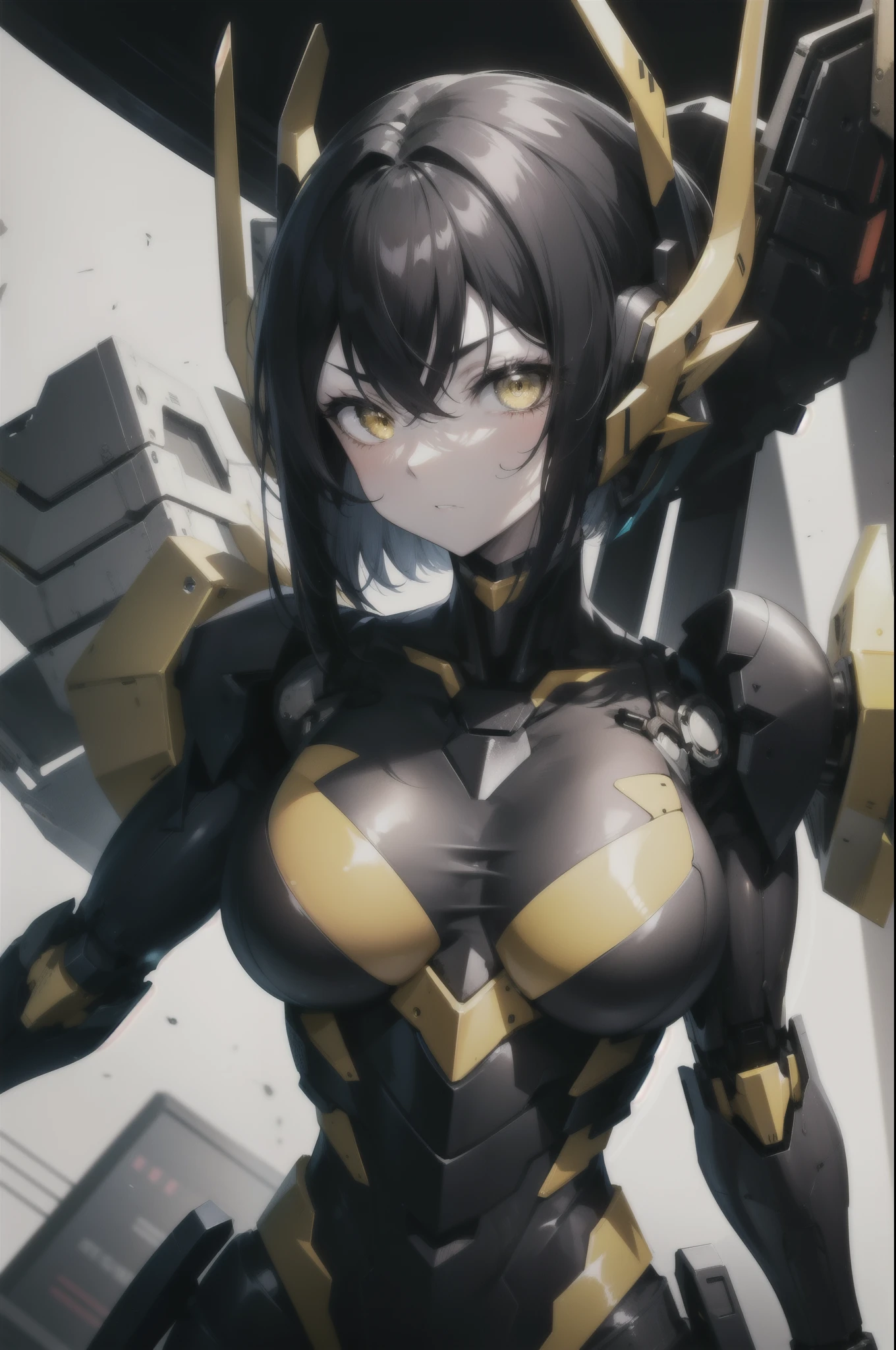 muscular girl huge breasts black hair yellow eyes pale skin sad mecha musume