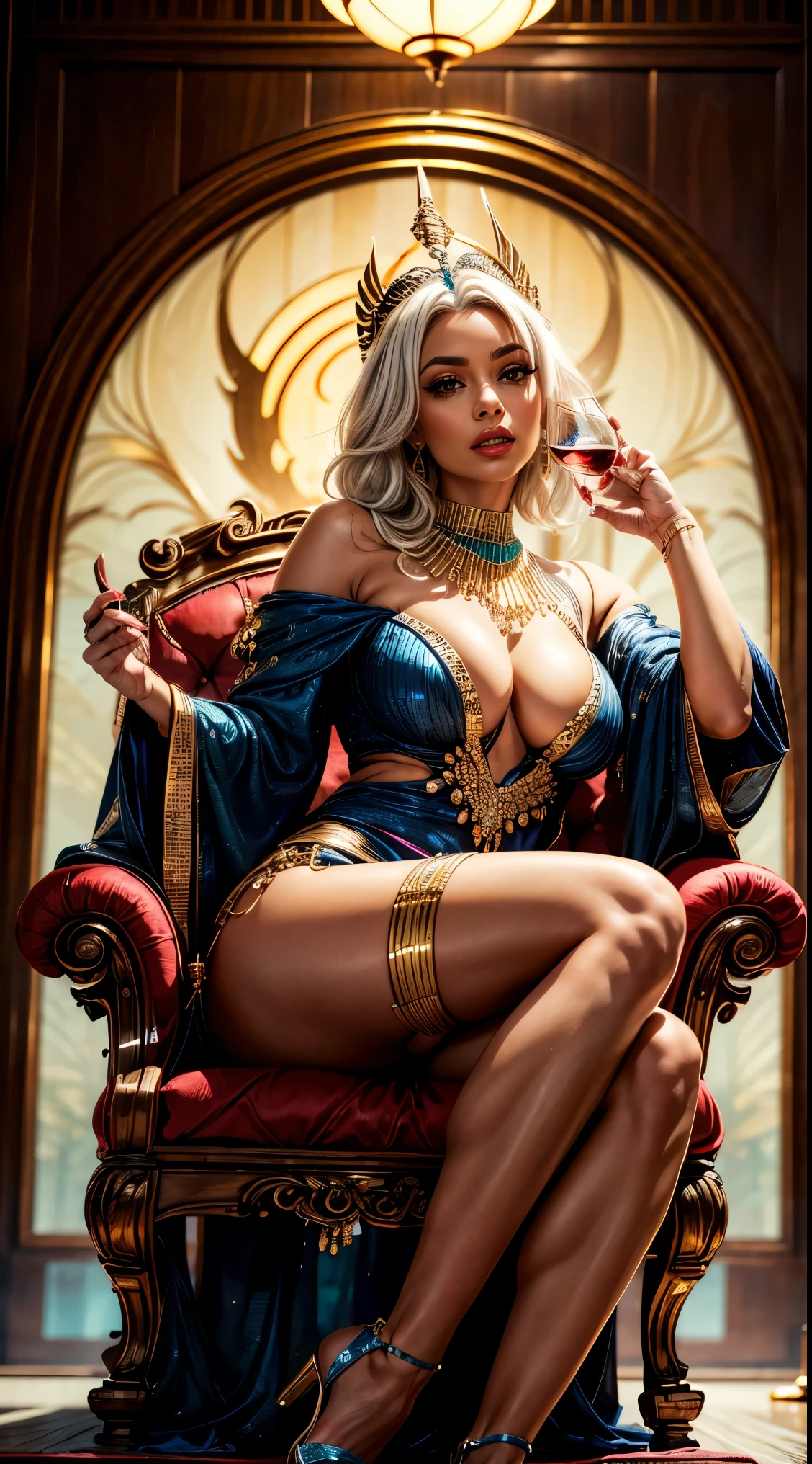 Pharaoh Tia she has white hair and gray hair , She has short hair,Have a pair of big green eyes,Wearing clothes full of jewels, soybeans, Japanese jewelry, Thick and tight,legs crossed,Holding a wine glass,Expression enjoyment, sitting on a very luxurious soybeans throne ,morning on the road, high-end, many details, Sharp mullet focus, actual.