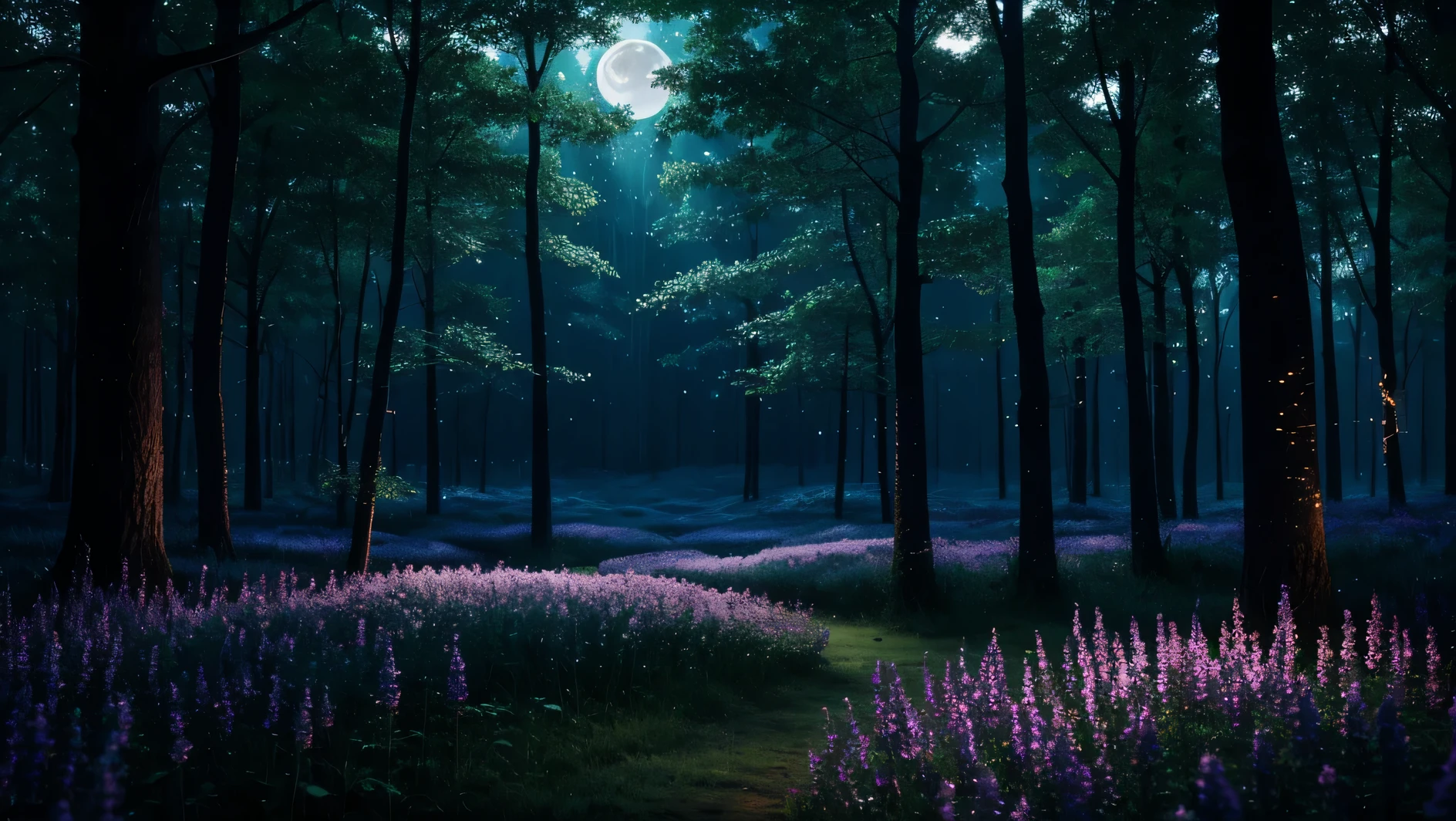 night, moon, A forest where fireflies live, Unusual flowers, pouring light, Light pours down from the sky, Gentle Light, Surrealism, Hyperrealism, cinematic lighting, sparkle, multiple views, UHD, masterpiece, highres