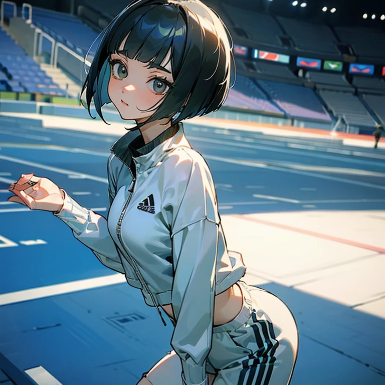 masterpiece、delicate details、tracksuit、Adidas Clothing(zip up)、big breasts、thin waist、athlete、Slender beauty、Your face is so cute、Bangs Patsun、Cropped bob cut、Short leggings、long eyelashes、Big eyes、athletics stadium、beautiful legs
