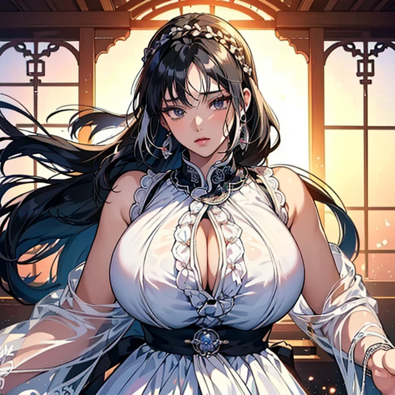 (anime moe style)),((game CG)),(masterpiece),(highest quality), (Super detailed),shape,((very delicate and beautiful)),　,sharp look,looking at the viewer,(((24 year old female)),((whole body)),detailed face and eyes,Intense eyes like jewels,(loosely braided long hair),,,(super huge breasts,long and slightly saggy breasts,）　　　　plump body　black hair, black eyes　　 Dancer, semi-transparent clothing, dynamic dancer, ultra-mini skirt, dancer&#39;s clothing, Kagura, semi-transparent lace fabric, gorgeous jewelry, white hair