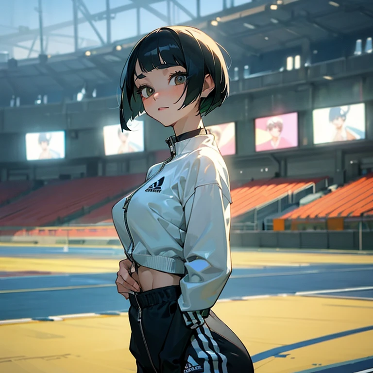 masterpiece、delicate details、tracksuit、Adidas Clothing（zip up）、big breasts、thin waist、athlete、sexy、While taking off my clothes、Slender beauty、Your face is so cute、Bangs Patsun、Cropped bob cut、spats、long eyelashes、Big eyes、light makeup、athletics stadium、