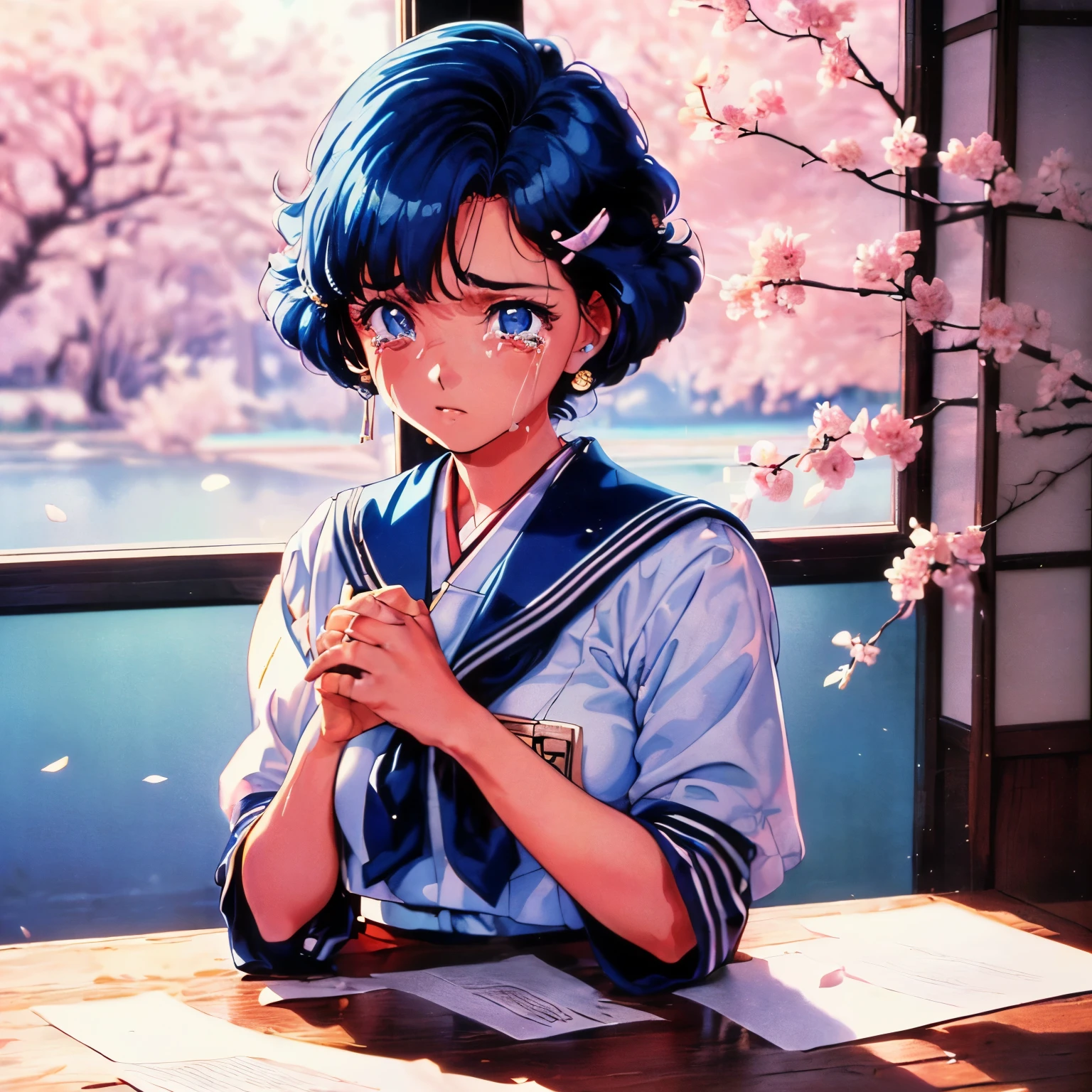 highres, extremely details, dramatic brightness, best quality art, 32k, 8K wallpaper, 4K digital animation, (1980s Japanese anime art:1.5). 1girl, she sad and remember a boy friend, he moved from school. (Her hair color is black:1.3),((a photo of girl, 1980s Japanese idol hairstyle:1.7)),(blue eyes :1.3),(detailed eyes and tears:1.3),close up upper body, (she wearing a sailor suit uniform in the room:1.5),(She holding a crumpled old paper in hand:1.5), (She looking memo on this crumpled paper:1.3), (The cherry blossom trees shine beyond the window:1.3)