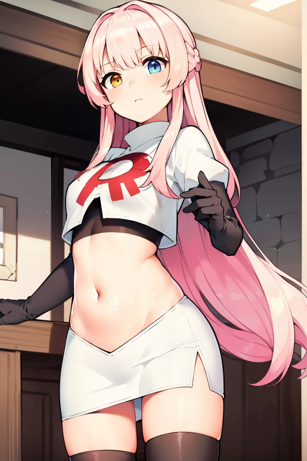 masterpiece, best quality, Eksistere Kyrenia (girl cafe gun),pink hair, long hair, (yellow blue heterochromia:1.1), 1girl, solo, team rocket,team rocket uniform, red letter R, white skirt,white crop top,black thigh-highs,black elbow gloves,
