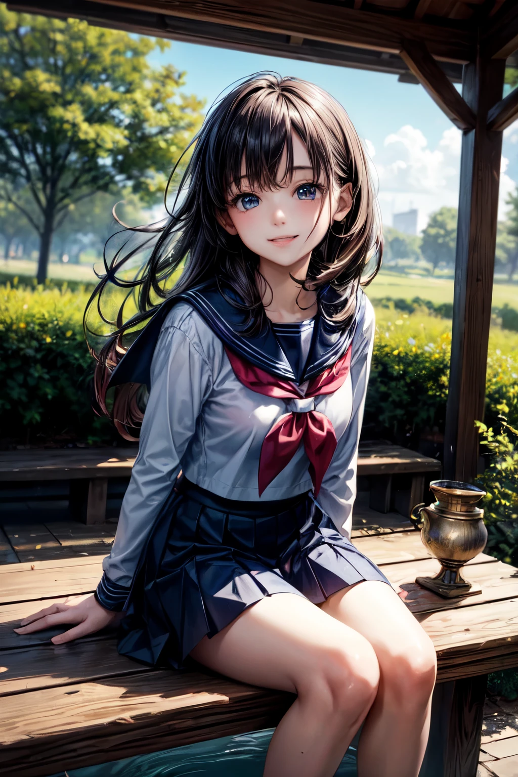 very cute and beautiful school girl,(highly detailed beautiful face and eyes),
(smile),looking at viewer,black hair,(sailor school uniform),(pleated navy blue mini skirt),
sitting on wooden bench in elegant gazebo,flower garden,water fountain,forest,
(best quality,masterpiece:1.0),absurdres,highres,ultra-detailed,extremely detailed,32k,8k resolution,
intricate details,cinematic scene,detailed background,solo,dynamic angle,
hair fluttering in the wind,beautiful detailed sky,