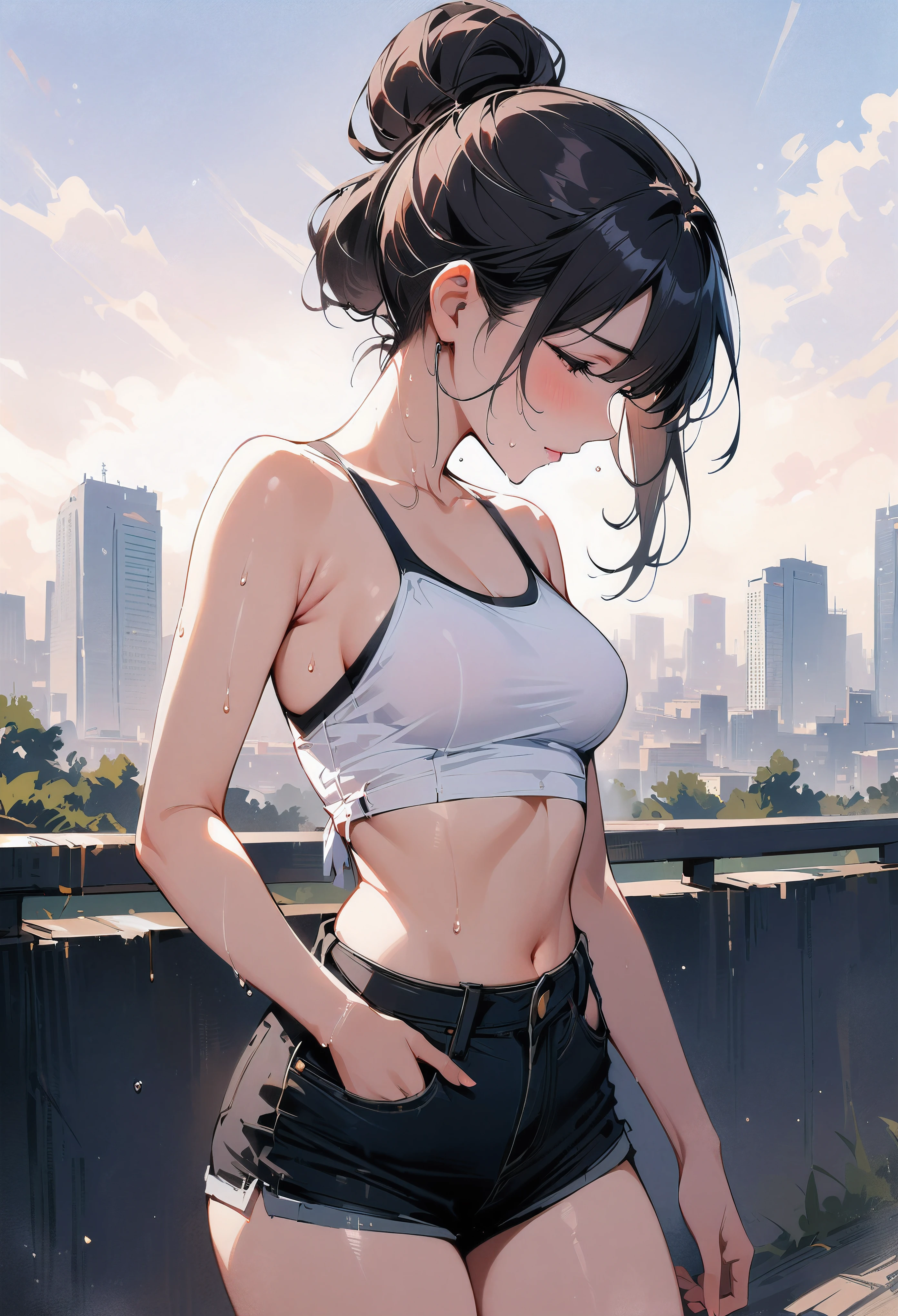 (masterpiece, best quality:1.2), 1 girl, alone , sexy , (cut-off_jean), white top ,cowboy shot, black hair ,hair bun, (Sweat), (tokyo_background) , outdoor