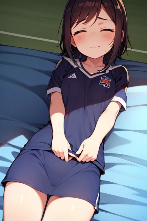 Wearing a soccer uniform with an embroidered logo、 girl with small breasts、Sweaty and looking happy、Her nipples are visible and protruding、Sleeping on the bed、View from the front、Low - Angle、The uniform has an embroidered logo