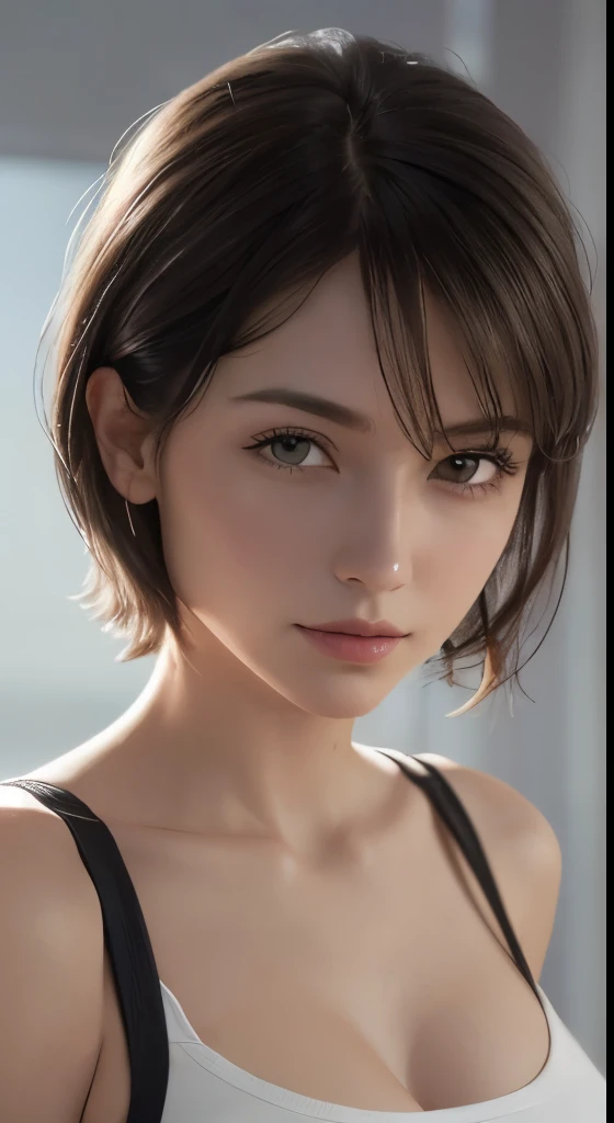 8k uhd、RAWphotograph、モデルphotograph撮影、European race, (masterpiece, highest quality, photorealistic, High resolution, photograph: 1.3), Close-up, Focusing, hot models, slim, 30 year old mature woman、small face、short cut hair、dark brown hair、Detailed beautiful eyes、realな肌, (perfect body), Sexy hot face, erotic, sexual gaze, slim, Sweat top, Detailed beautiful eyes、glossy lips、small breasts、、bust B cup、((bright light、dynamic lighting、real、超real、 realism、realistic details、Cool Beauty、cool pose、A shady character、sexy costume、I can&#39;t smile、background gray、Plain gray background