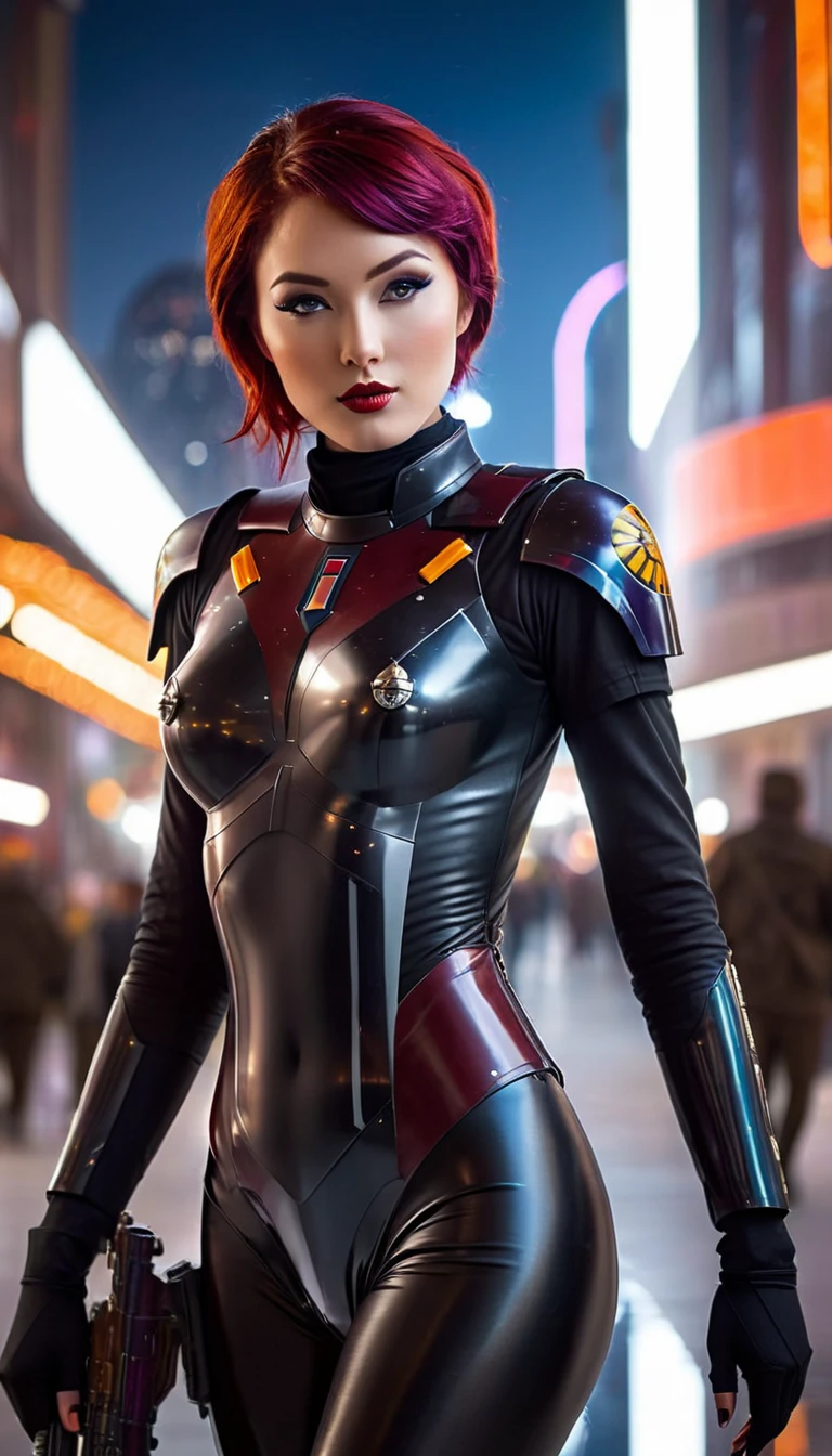 beautiful detailed eyes,thin waist,lovely figure,confident expression,tall and slender,redhead,standing in a futuristic city background,looking over her shoulder,
shiny metallic texture,reflection of the city lights on her latex bodysuit,perfectly fitting curves,
imposing imperial officer hat,impressive armor details,commanding presence,
striking contrast between the dark city and her vibrant red hair,
subtle shadows and highlights on her face,dynamic lighting emphasizing her features,
subtle lens flare in the background,adding a touch of sci-fi atmosphere,
vivid colors,enhancing the overall visual impact of the artwork,
meticulous attention to detail,realistically capturing the intricate design of the imperial officer uniform,
allure and seductiveness exuded by her stunning appearance,
capturing the essence of sabine wren, a strong and fierce character from the Star Wars universe,
emphasis on the sensuality and confidence of the woman depicted,
exuding an air of mystery and intrigue,
creating a visually stunning masterpiece that captivates the viewer's attention.