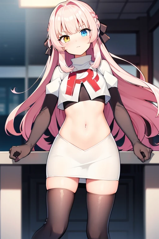 masterpiece, best quality, Eksistere Kyrenia (girl cafe gun),pink hair, long hair, hair bow, hair ornament, (yellow blue heterochromia:1.1), 1girl, solo, team rocket,team rocket uniform, red letter R, white skirt,white crop top,black thigh-highs,black elbow gloves,