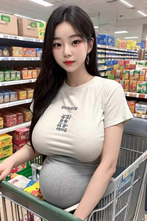 pregnancy,korean,Young Girl,big bust,very large boat size,Wearing a pencil skirt and loose t-shirt,In the supermarket,pushing a cart,Highly detailed face and skin texture
