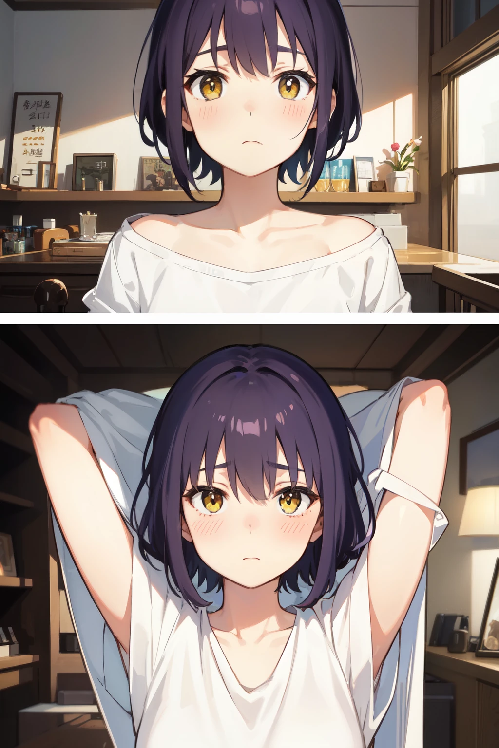 {{{ nagato_yuki }}},
{{{ The Disappearance of Nagato Yuki-chan }}},
face still,
A plain face {{{ Emotions do not have feelings} }},
short hair {{{{ hair cut at the ends }}}}
{{{{{ Shoulder length short hair }}}}},
purple _hair,
yellow_eyes,
blush,