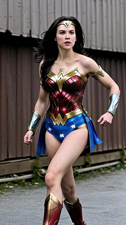 Wonder Woman full body in a battle in the middle of an alley with wooden houses and destroyed by war