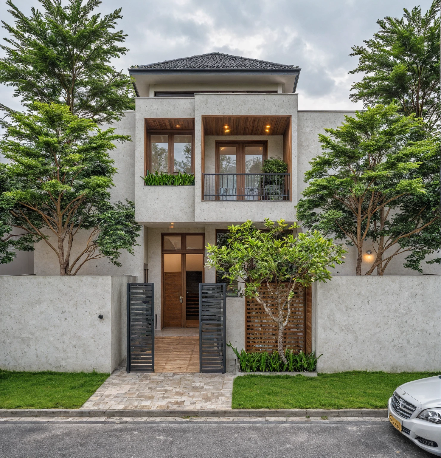 RAW photo, subject, 8k uhd, dslr, soft lighting, high quality, film grain, Fujifilm XT3, A Capture of stunning modern architecture, 1 floor- house, pine tree, grass, white wall, wooden, nature stone with long and sharp reed
