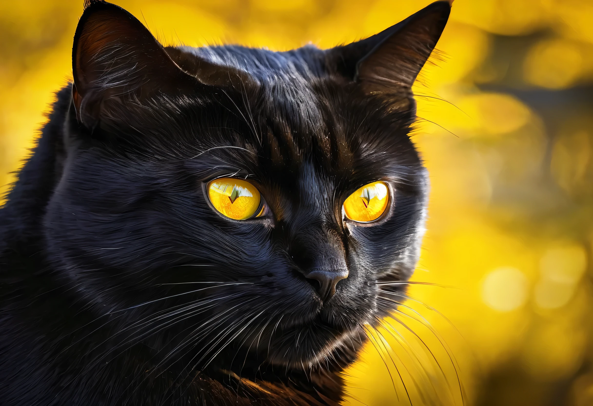 there is a Black cat with yellow eyes looking at the camera, Portrait of Andrew Domakowski, pixabay, photorealism, with shining yellow eyes, have golden eyes, cat pictures, cat pictures, close up portrait shot, intense sunlight, Backlit face, Cat close-up, Black cat, shining golden eyes, shining golden eyes