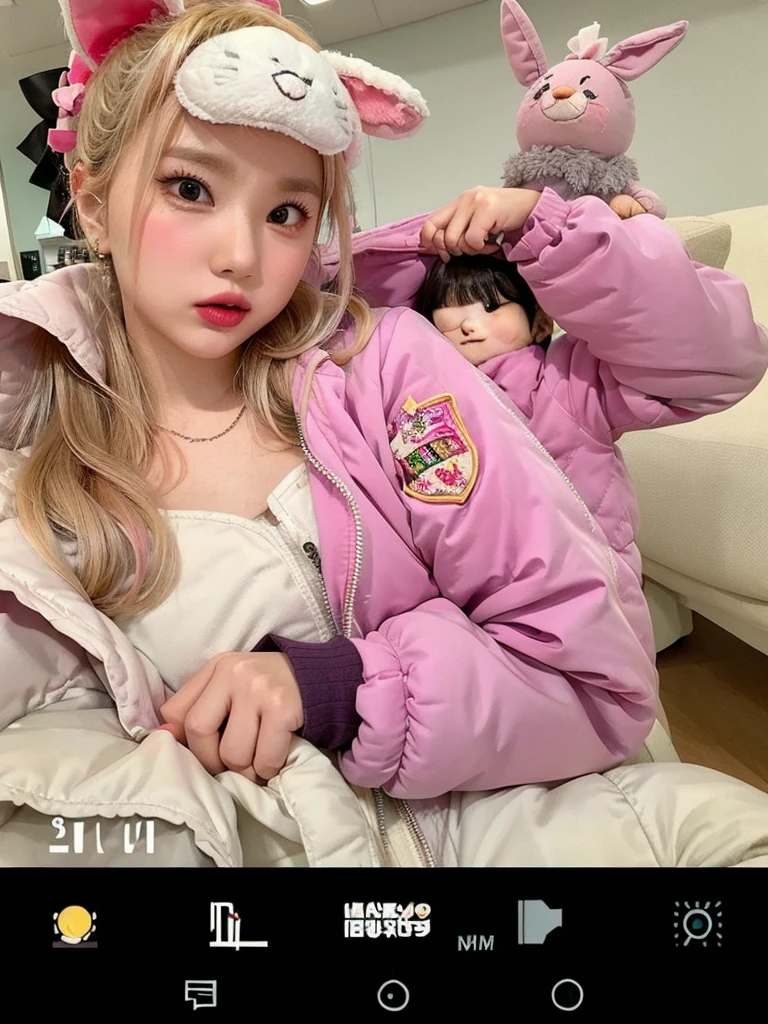 there are many stuffed animals on display in a store, wearing a pink rabbit costume, ruan cute vtuber, pink and red color style, pink girl, pink clothes, 4 8 0 p, 480p, (pink colors), 7 2 0 p, 720p, omg, pink fur, beautiful pink , pink iconic character