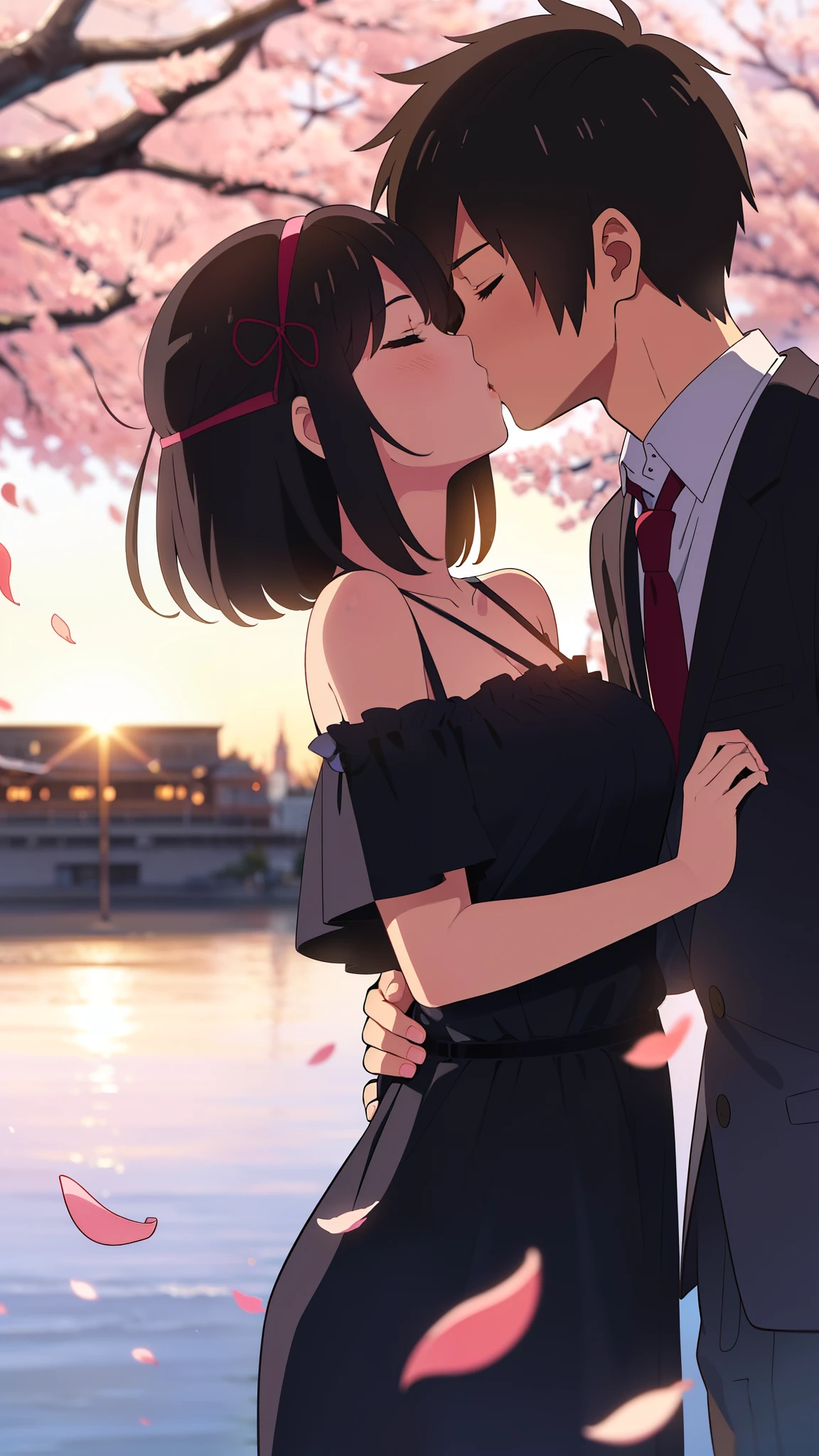 shinkai makoto, kimi no na wa., 1girl, 1boy, bangs, black hair, blush, (boy wear Suspender Clothes), ((girl wear maid dress, short dress, Off-the-shoulderaid, apron, maid headdress), bow, ribbon, short hair, cute, love, couple, adorable, dating, (((kiss, deep kiss))), closed eyes, bracelet, passionate hug, upper body, night, nightcity, park, lake, cloudy, sitting on the bench, dynamic lights