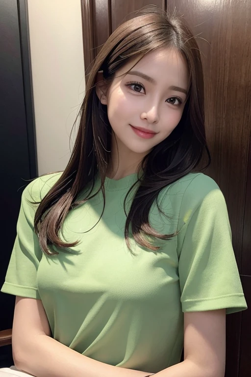 (8K, highest quality, masterpiece:1.2), (realistic, Photoreal:1.37), super detailed, one girl, cute, solo, assistant seat,((rest one's chin on one's chin)),((small chest)), (nose blush), (laughter:1.3), beautiful and fine eyes, (hair length: 1.2), Floating hair NovaFrogStyle, Upper body, Light green blouse