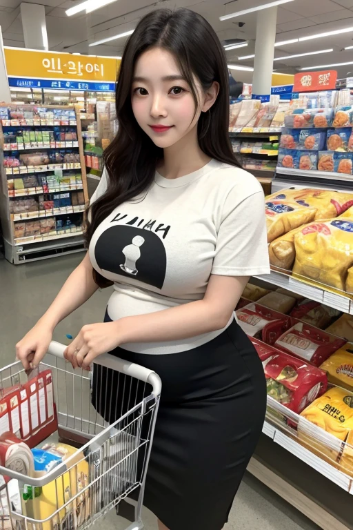 pregnancy,korean,Young Girl,big bust,very large boat size,Wearing a pencil skirt and a loose buttoned t-shirt.,In the supermarket,pushing a cart,Highly detailed face and skin texture
