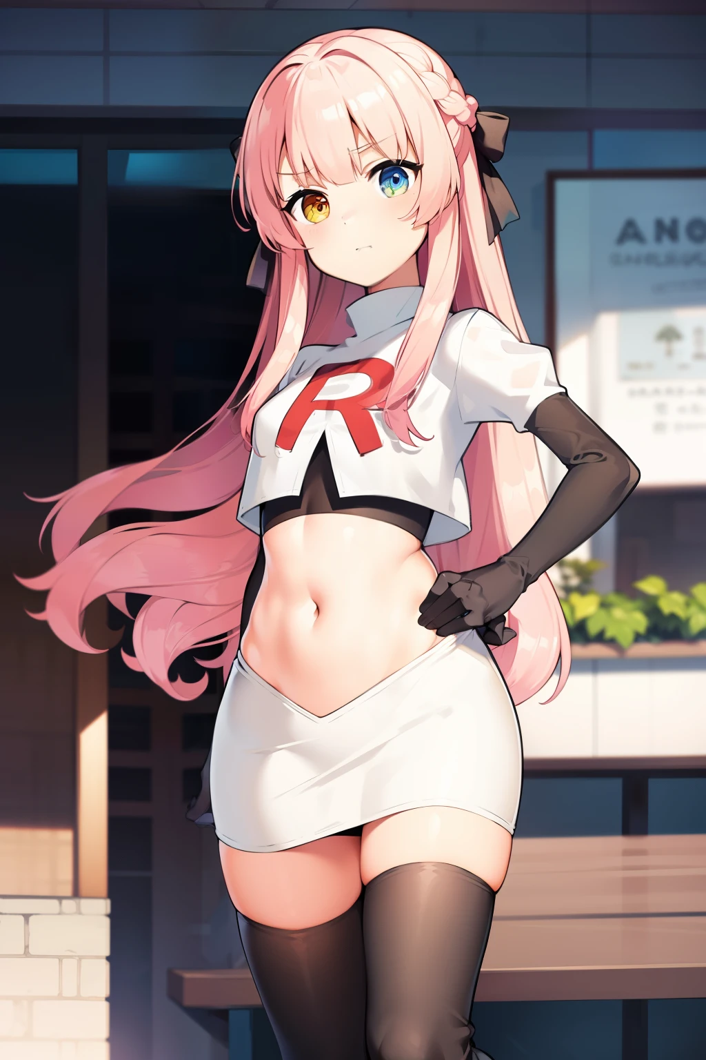 masterpiece, best quality, Eksistere Kyrenia (girl cafe gun),pink hair, long hair, hair bow, hair ornament, (yellow blue heterochromia:1.1), 1girl, solo, team rocket,team rocket uniform, red letter R, white skirt,white crop top,black thigh-highs,black elbow gloves,