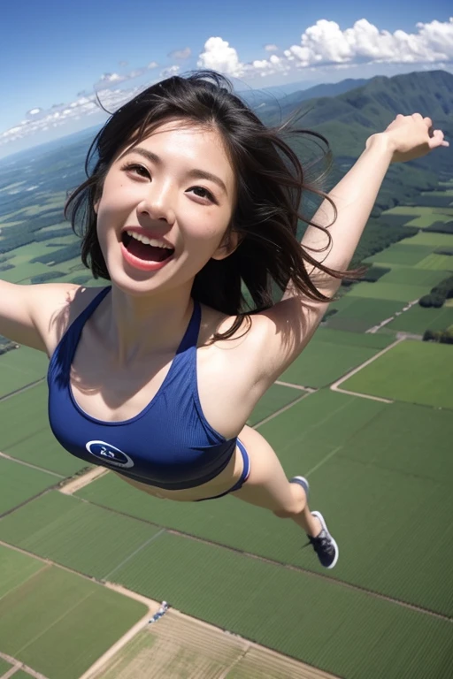 In the middle of skydiving at 4000 meters、The surroundings are clear blue sky and clouds、She is a beautiful Japanese woman with medium-long bob hair and is very cute, and is having fun and spreading her arms and legs.、Sensual style、She is wearing a very sexy micro bikini swimsuit.、She is looking at the camera、The camera follows her from above.、not wearing glasses！