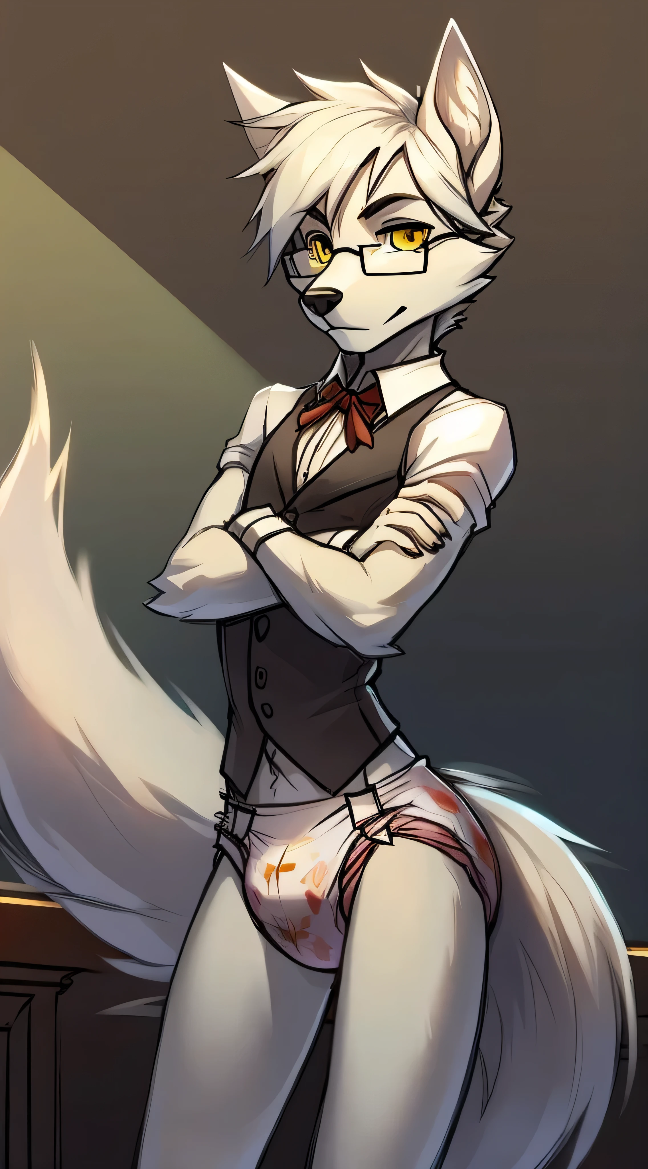 Male, arctic wolf, detailed yellow eyes, long tail, bartender, plain ?????? with four tapes, slim, sly, simple background, glasses