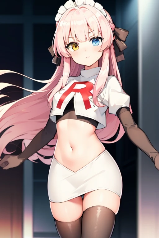 masterpiece, best quality, Eksistere Kyrenia (girl cafe gun),pink hair, long hair, hair bow, maid headdress, hair ornament, (yellow blue heterochromia:1.1), 1girl, solo, team rocket,team rocket uniform, red letter R, white skirt,white crop top,black thigh-highs,black elbow gloves,