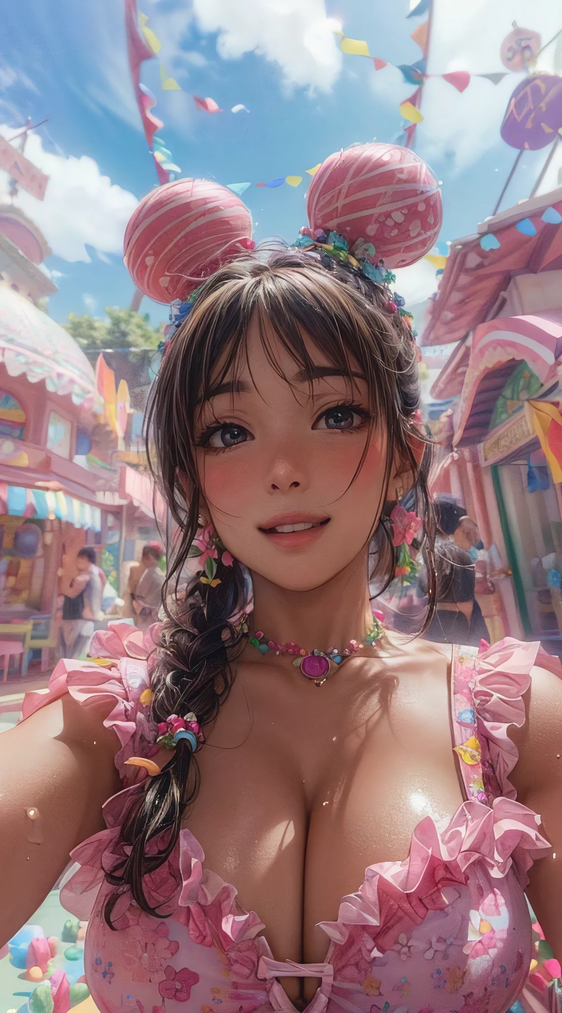 (best quality,4k,8k,highres,masterpiece:1.2),ultra-detailed,(realistic,photorealistic,photo-realistic:1.37), a woman taking a selfie, (huge breasts, cleavage:1.3), candy themed clothing, whimsical candyland background, pixar style