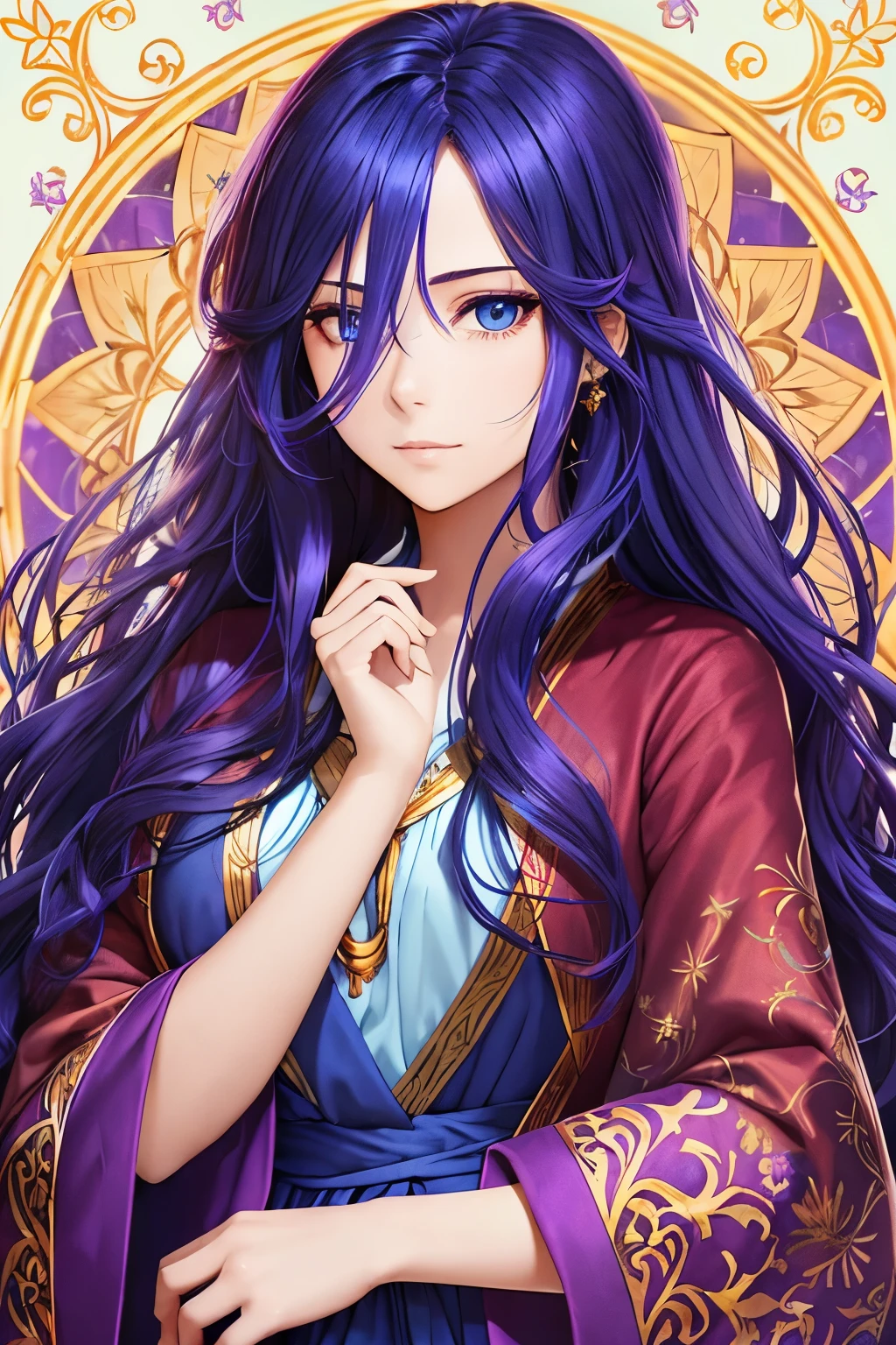 Woman, fair skin, bright blue eyes, long indigo hair that fades into violet, red, and gold at the tips, hair is thick, hair is wavy, modest blue robes with lots of embroidery, phoenix background