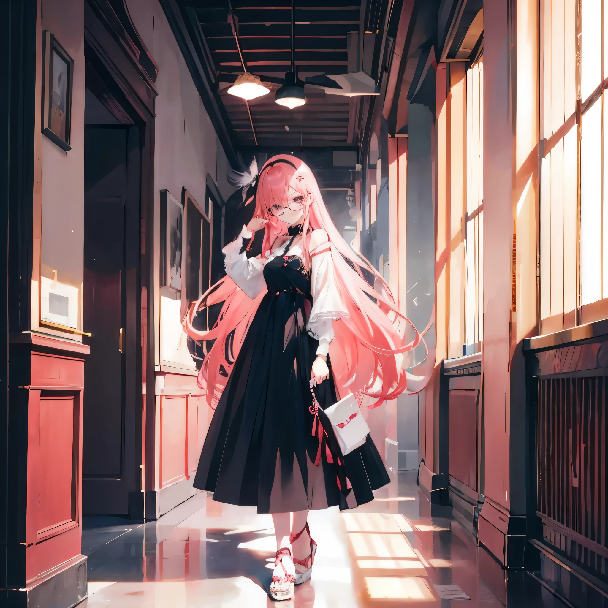 Coral pink hair,long hair,hair over one eye,gray eyes,feather hair ornament,woman,adult,Glasses hanging on head,black dress,Wear cool clothes on your feet,stand on the ground,Does not expose fingers,The background is indoors