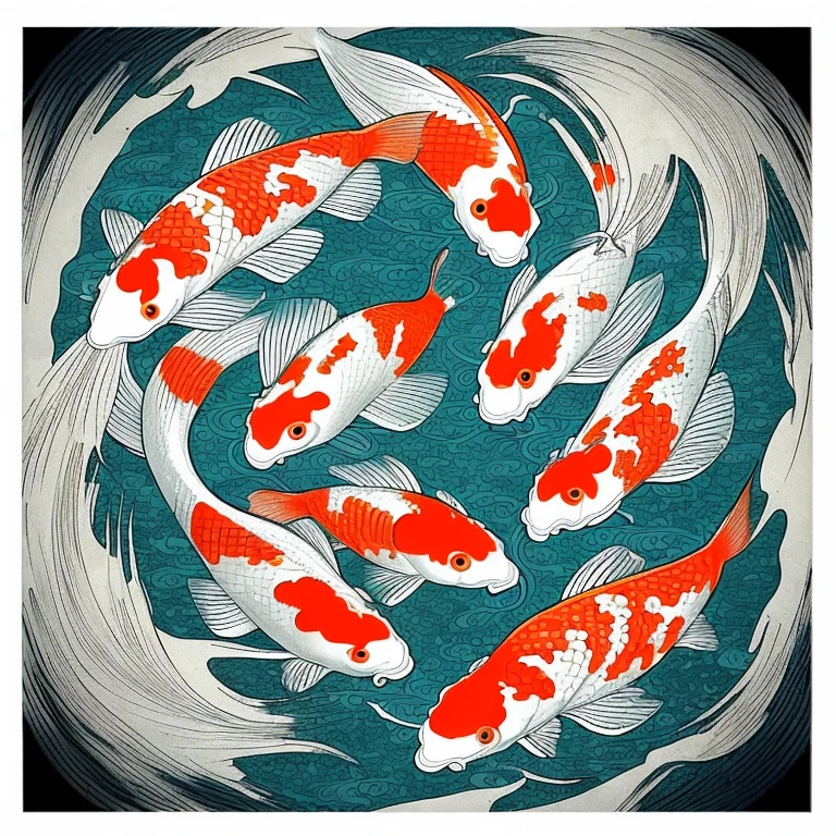 koi fish,have fangs,has beautiful lobes,There are waves all around.,on paper,Japanese style tattoo