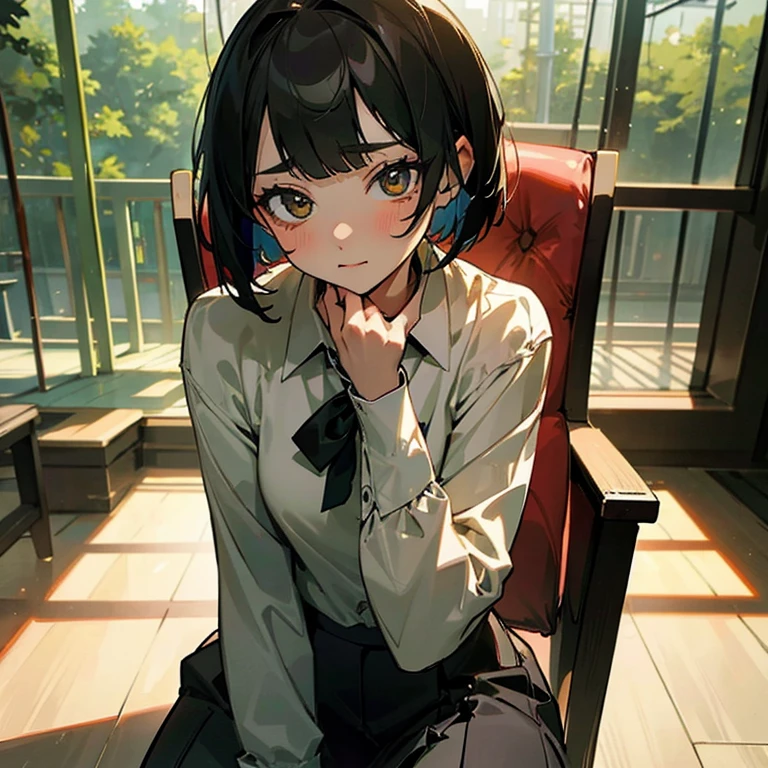 masterpiece、delicate details、shirt、cutter shirt、Chair、restraint、Chair、apple、red、modest chest、thin waist、athlete、sexy、while taking off clothes、Slender beauty、Your face is so cute、Bangs Patsun、Cropped Bob Cut、spats、long eyelashes、Big eyes、light makeup、forest、forest林、beautiful feet、attractive appearance、