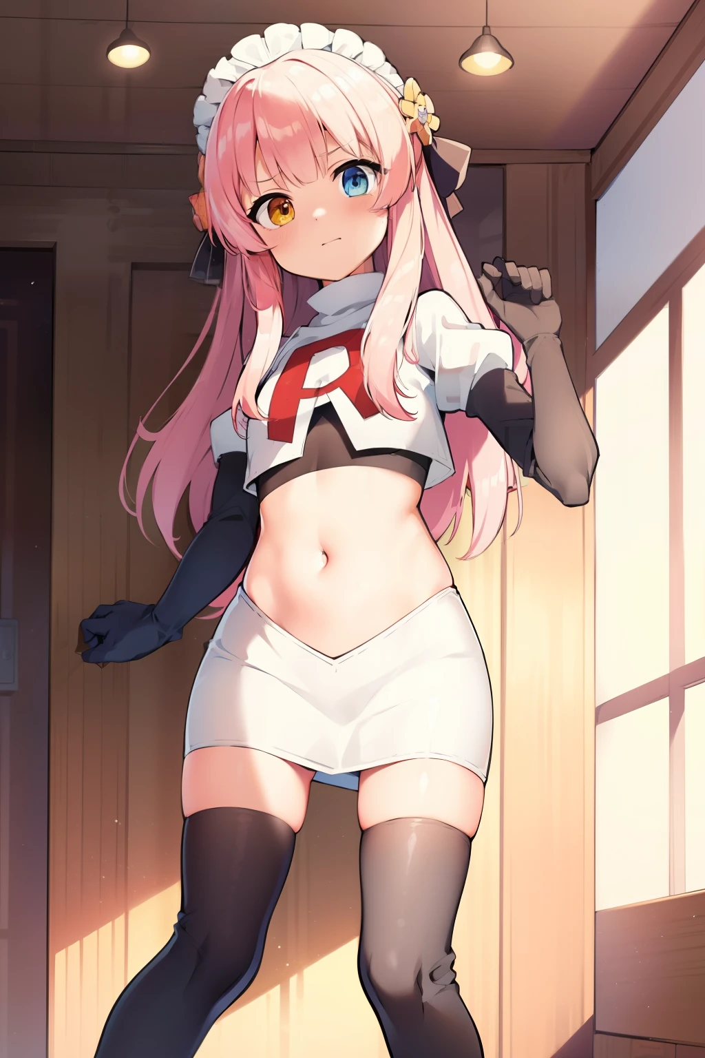masterpiece, best quality, Eksistere Kyrenia (girl cafe gun),pink hair, long hair, hair bow, maid headdress, hair ornament, (yellow blue heterochromia:1.1), 1girl, solo, team rocket,team rocket uniform, red letter R, white skirt,white crop top,black thigh-highs,black elbow gloves,