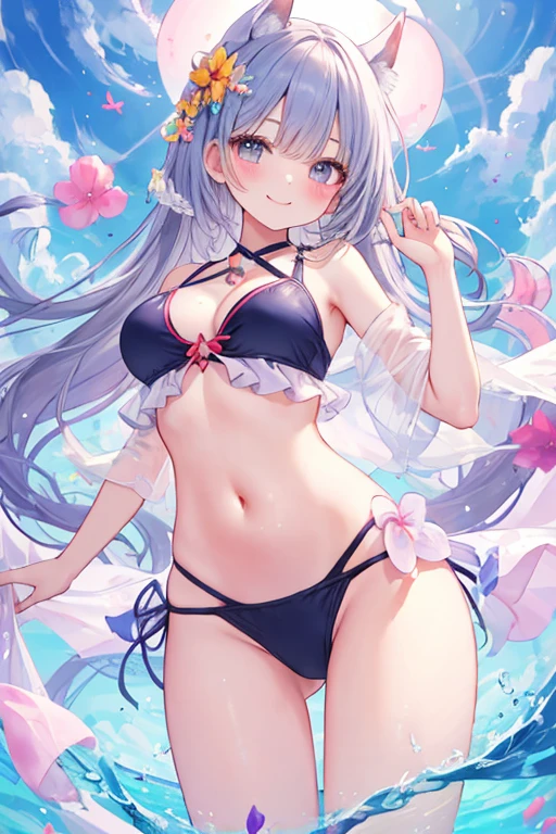 beautiful illustrations, highest quality, pretty girl,beautiful girl、clear face、 half girl、pastel colour 、blush、perfect hands、five fingers、fantasy、fantasy、thighs、(perfect face:1.1), (high detail:1.1)、swimsuit、bikini、smile